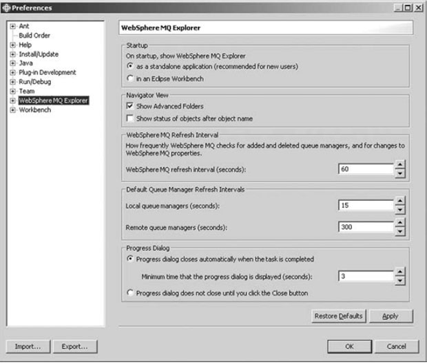 Окно WebSphere MQ Explorer Preferences