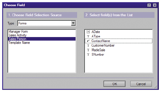 Окно DB2 Access View Choose Field