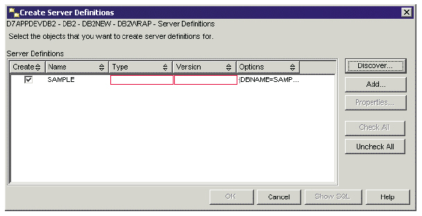 Окно Create Server Definitions: кнопка Discover