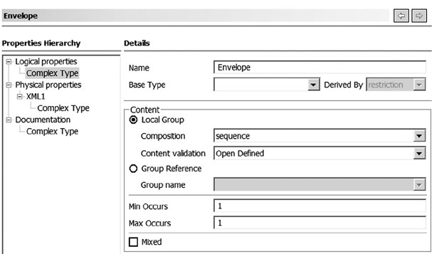 Параметр Content validation для сложного типа Envelope устанавливается в Open Defined