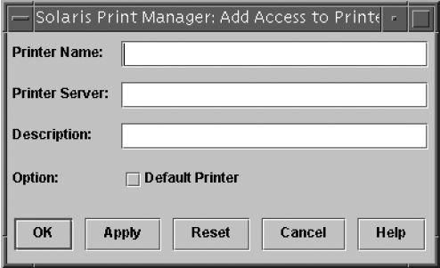 Окно "добавить принтер" в Solaris Print Manager