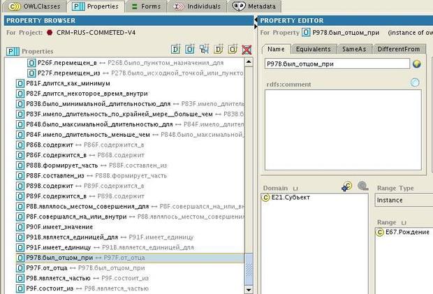 Фрагмент иерархии свойств онтологии CIDOC CRM. Свойство "P97B.был_отцом_при" связывает домен "E21.Субъект" и диапазон "Е67.Рождение"