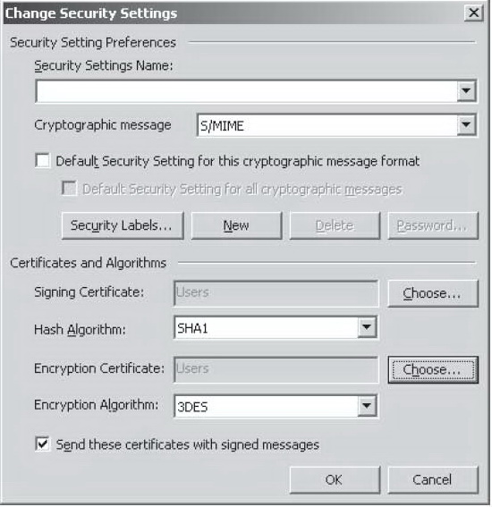 Сертификат пользователя, присвоенный в клиенте Outlook для шифрования и для цифровых подписей