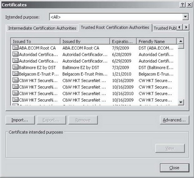 Частичный список доверенных корневых центров сертификации в Internet Explorer