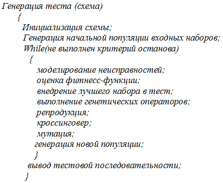 Псевдокод генетического алгоритма генерации тестов для комбинационных схем