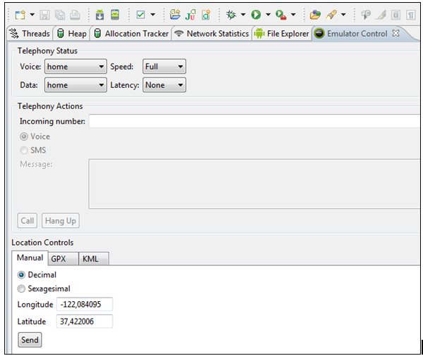 Значения долготы и широты отправляются на эмулятор с помощью DDMS