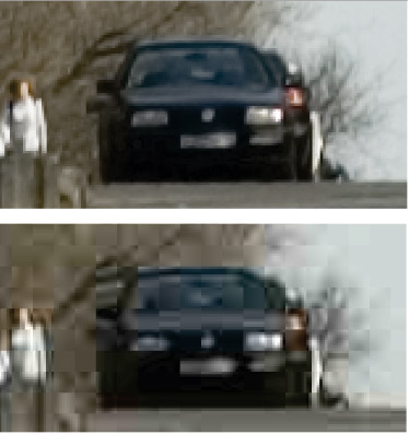 Артефакты JPEG. Вверху - исходное изображение, внизу - изображение, сжатое в 30 раз алгоритмом JPEG