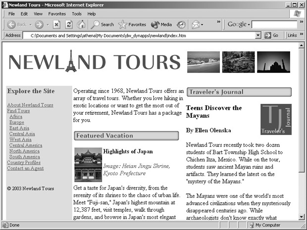 Главная страница сайта Newland Tours смотрится совсем неплохо, но для обновления некоторых ее разделов, в частности, еженедельной колонки "Traveler’s Journal", находящейся справа, потребуется немало усилий