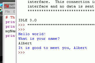 What the interactive shell looks like when running the "Hello World" program.