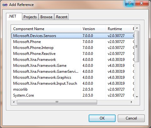 Добавление библиотеки Microsoft.Devices.Sensors