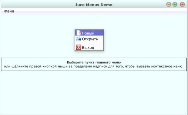 Работа программы с вызванным контекстным меню