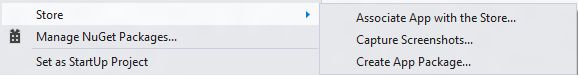 Меню Магазин (Store) доступно после нажатия правой кнопкой мыши по проекту в Обозревателе решений (Solution Explorer)