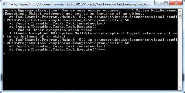  Результат выполнения программы с использование продолжения и обработки исключения NullReferenceException 