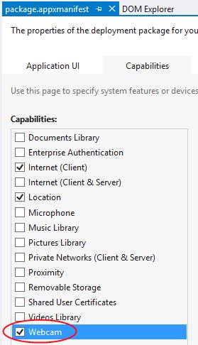 Возможность, связанная с камерой в редакторе манифеста Visual Studio