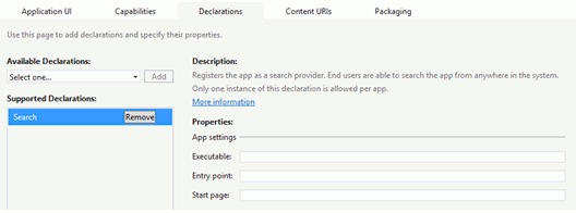 Страница объявления параметров поиска в Visual Studio. Параметры в разделе App Settings для приложений на HTML/JavaScript не заполняются
