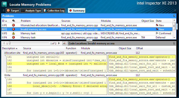 Intel Inspector XE показывает ошибки использования памяти и потоков в исходном коде. Стеки вызовов поясняют, какая последовательность функций привела к проблеме.