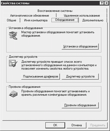 Вкладка Оборудование окна свойств системы 