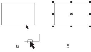 Расположение указателя мыши при выделении объекта (а) и пример выделенного объекта (б)