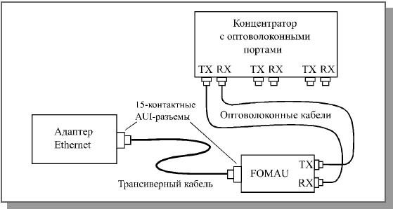 Соединение адаптера и концентратора в 10BASE-FL