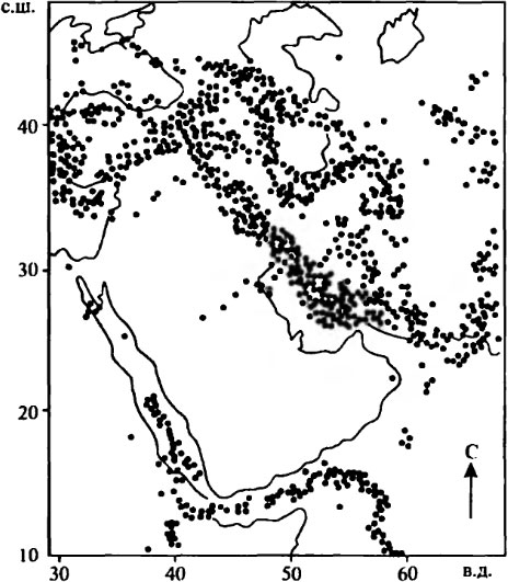 Карта эпицентров сильных землетрясений (магнитуда 4,5) территории Аравийско-Кавказского региона за период 1961-1980 гг.