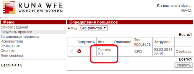 Запуск бизнес-процесса "Пример 2-1" под пользователем "Мухин"