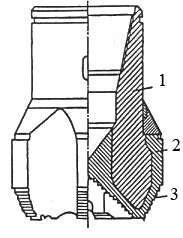 Алмазное долото: 1 – корпус; 2 – матрица; 3 – алмазные зерна