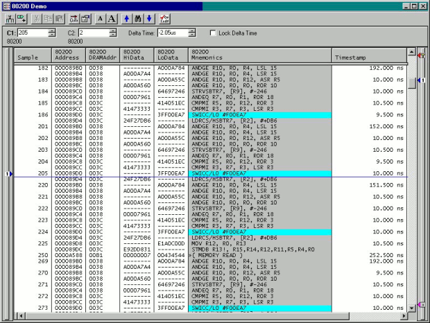 Этот аппаратный инструмент отладки трассирует выполнение инструкций процессора XScale (семейство ARM), используя логический анализатор общего назначения Tektronix. Логический анализатор использует Windows XP. Специальное программное обеспечение дизассемблирует, чтобы вывести мнемонические обозначения языка ассемблера XScale. Изображение с разрешения Nexus Technology