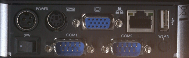 Вид задней панели eBox 2300, показывающий разъемы В/В и тумблер питания