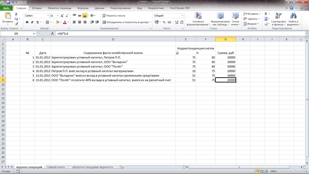 Заполнение журнала хозяйственных операций