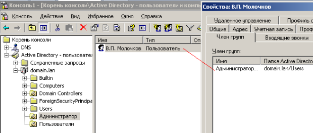 Молочков - член группы администраторов домена (из пользователей домена он удален)
