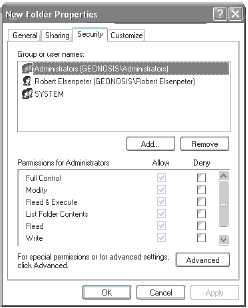 Вкладка Security (Безопасность) диалогового окна свойств в файловой системе NTFS