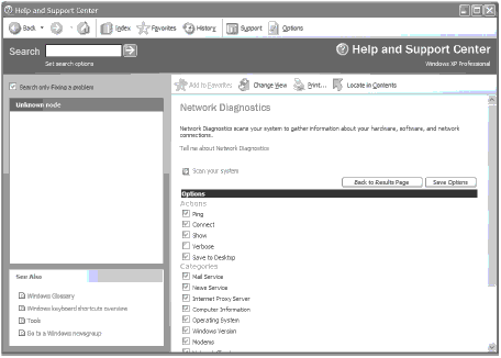 Страница диагностики Центра помощи и поддержки системы Windows XP Professional