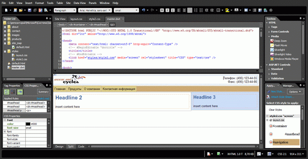 Основное окно Microsoft Expression Web с открытым в нем шаблоном сайта