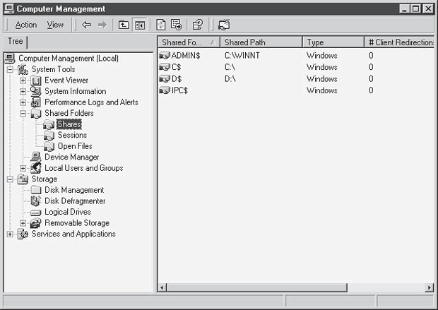 Имеющиеся общие местоположения, отображаемые в оснастке Computer Management (Управление компьютером)