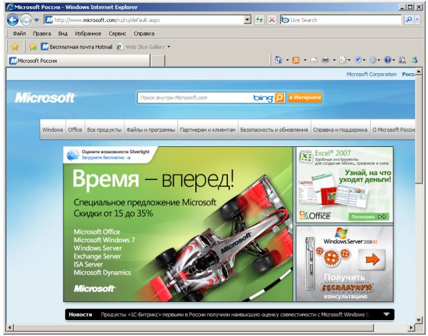Вид окна браузера Internet Explorer 8
