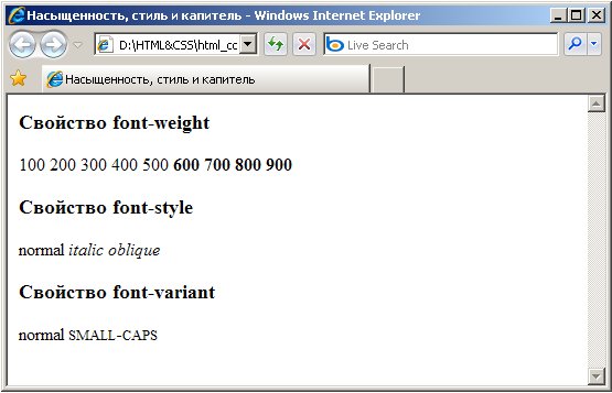 Пример использования различных значений свойств font-weight, font-style и font-variant