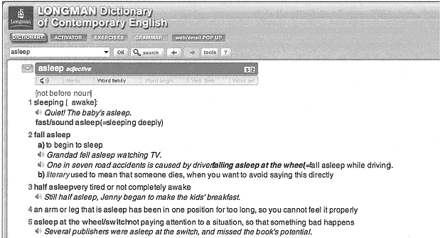 Entry for asleep from Longman Dictionary of Conteprorary English (CD-ROM version)