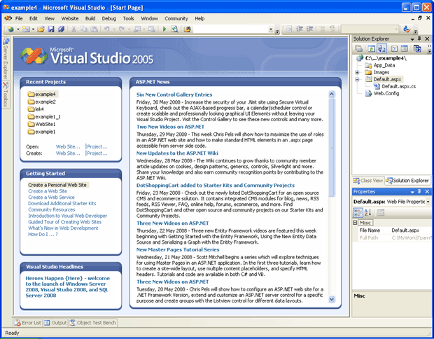 Главное окно интегрированной среды разработки приложений Visual Studio 2005