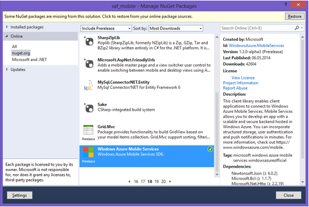 Пакет WindowsAzure.MobileServices инсталлирован