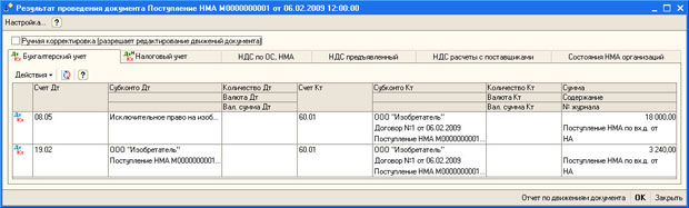 Результат проведения документа Поступление НМА