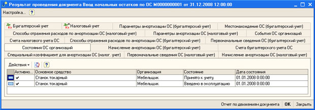 Окно с информацией о проведении документа