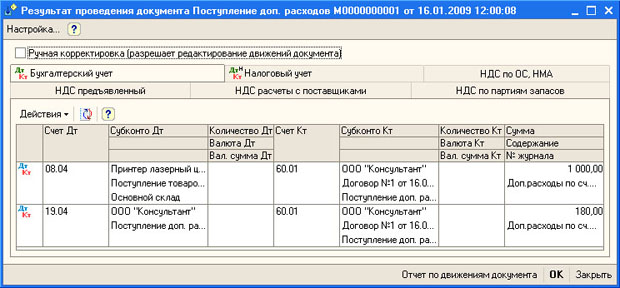 Движения документа Поступление доп. расходов