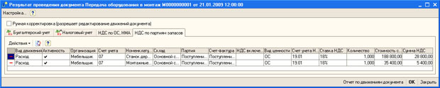 Документ Передача оборудования в монтаж, движения по регистру НДС по партиям запасов