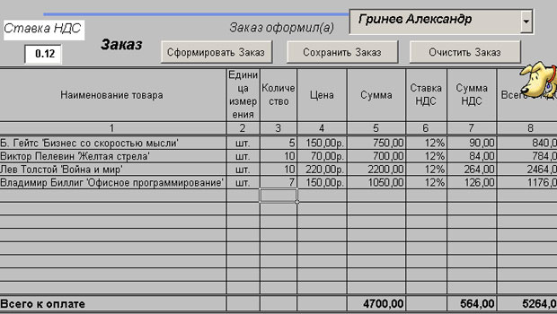 Полностью сформированная таблица заказа