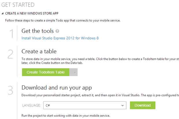 Панель управления Windows Azure Mobile Services