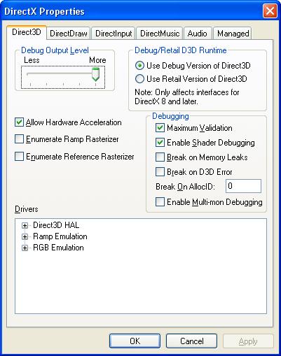 Внешний вид утилиты конфигурирования DirectX. Открыта вкладка Direct3D