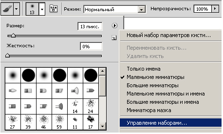 На панели атрибутов инструмента Кисть показана команда Управление наборами