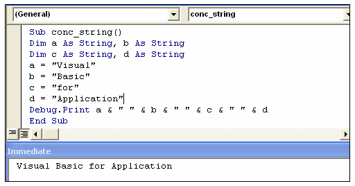 Пример распечатки вновь создаваемой строки c текстом "Visual Basic for Application"