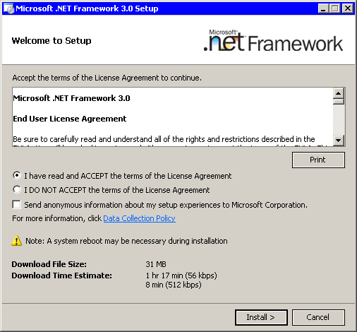 Окно с предложением установить .NET Framework 3