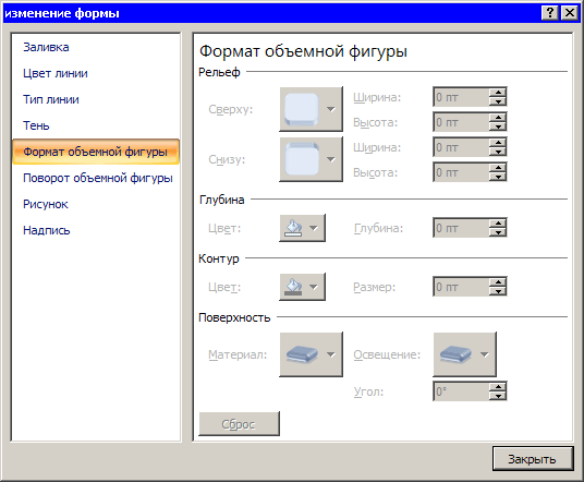 Окно Изменение формы